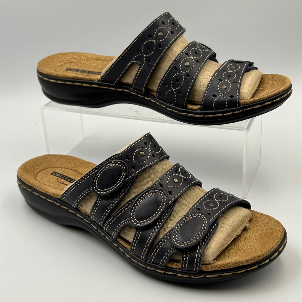 Clarks Leisa Cacti Q Sandal Womens 8 Navy Leather Adjustable Comfort Slides Core